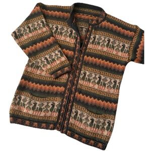 Alpaca Wool Llama Hand Knit Zip Cardigan Sweater Brown Orange Tan Aztec L XL